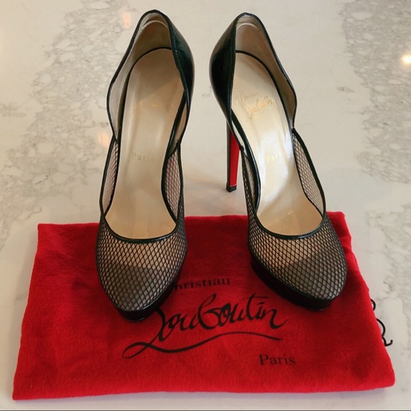 CHRISTIAN LOUBOUTIN Black Leather & Fishnet Mesh Platform Pumps SZ 38 - Picture 3 of 17